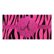 Pink zebra stripes monogram photo card template