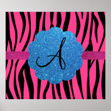 Pink zebra stripes monogram posters