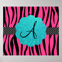 Pink zebra stripes monogram posters