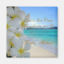PixDezines Save Date, Beach+Plumeria Lei Fridge Magnet