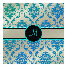 PixDezines Vendome Damask / Peacock Blue Personalised Invitation