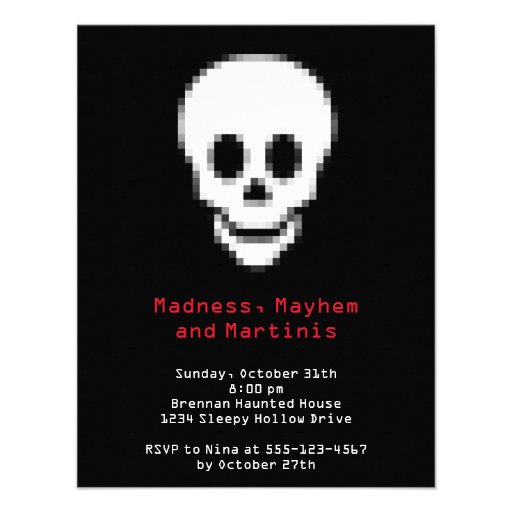 Pixel white skull digital type Halloween party Invitations