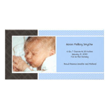 Plaid and Micro Dots Blue New Baby Photo Cards