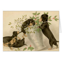 Playful daschunds with holly berry and vase greeting cards