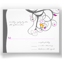 Plum Tree Swirls Love Birds Wedding Invitation