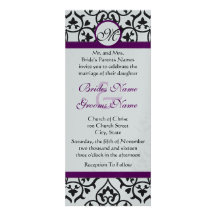 Plum Trim Black Damask Swirls Wedding Invitation