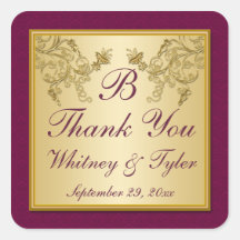 Plum Wine and Gold Floral Damask Monogram Sticker