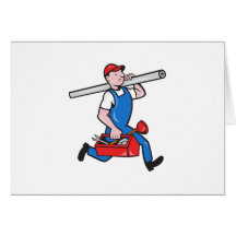 Plumber With Pipe Toolbox Cartoon Cards