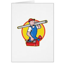 Plumber With Pipe Toolbox Cartoon Greeting Cards