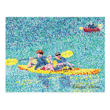 Pointillism kayak scene on the river postcard