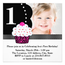 Polka Dot Zebra Cupcake Girls Photo 1st Birthday P Personalized Invites