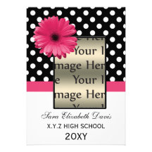 polka dots pink daisy Graduation photo Invites