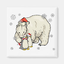 Polo Bear and Penguins Snowflake Christmas Art Magnet
