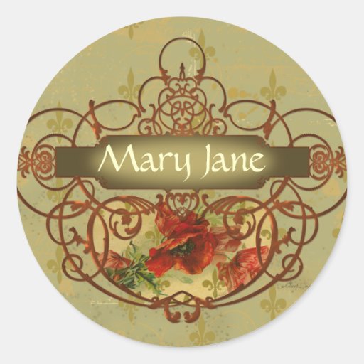 Poppies Fleur de Lis Victorian Style Round Sticker