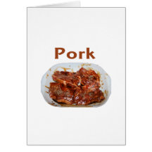 Pork chops in white dish, text PORK Cards