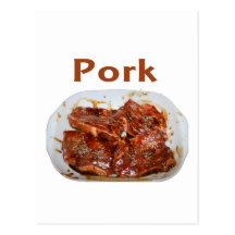 Pork chops in white dish, text PORK Post Card