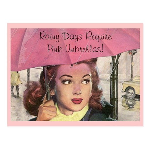 Postcard Retro Rainy Day shower & a Pink Umbrella