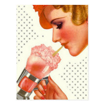 Postcard Retro Stylish Gal w/ Soda Fountain Drink