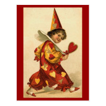 Postcards - Valentine clown hearts harlequin