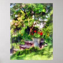 Pot of Geraniums Near Steps Print