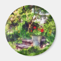 Pot of Geraniums Near Steps Refrigerator Magnet