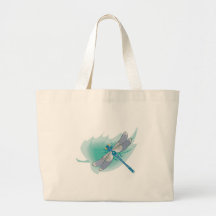 pretty blue dragonfly on leaf tote bags