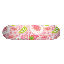 Pretty Bright Pink and Lime Green Paisley Pattern Skate Boards