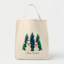 Pretty Christmas Tree and Snowman Tote Bag