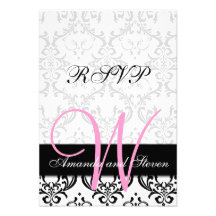 Pretty Damask Pink Monogram Wedding RSVP Card Personalized Announcement