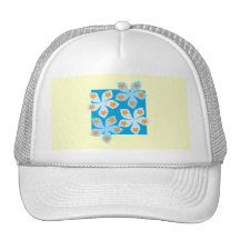 Pretty floral design, blue and cream. hats