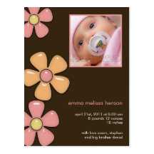 Pretty Flowers Pink/Brown • Baby Announcement Postcard