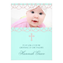Pretty Pink and Teal Blue Photo Christening Custom Invites