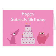 Pretty Pink Dog, Cat & Birthday Cake Sobriety Card