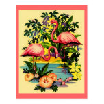 PRETTY PINK FLAMINGOS IN TROPICAL FOREST POSTCARD
