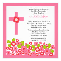 Pretty Pink Flowers & Cross First Holy Communion Personalised Invitations