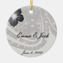 pretty pink romantic heart damask on vintage grey ornaments