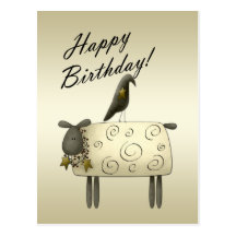 Primitive Crow and Sheep Birthday Postcard