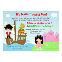 Princess and Pirate Twins Joint Birthday Party Custom Invitations