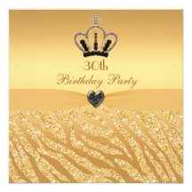 Princess Crown & Zebra Glitter Print 30th Birthday Custom Invites