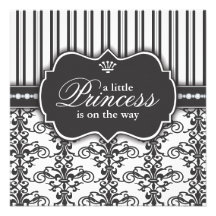Princess Damask & Stripe Black & White Baby Shower Personalised Announcement
