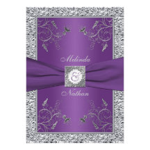 PRINTED RIBBON Purple Silver Wedding Invitation