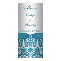 PRINTED RIBBON Silver, Teal Wedding Menu Card Rack Card