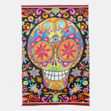 Psychedelic Day of the Dead Art Kitchen Towel