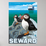 Puffins & Cruise Ship - Seward, Alaska Print