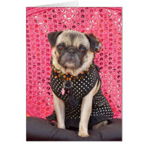 Pug and pink wicker greeting card