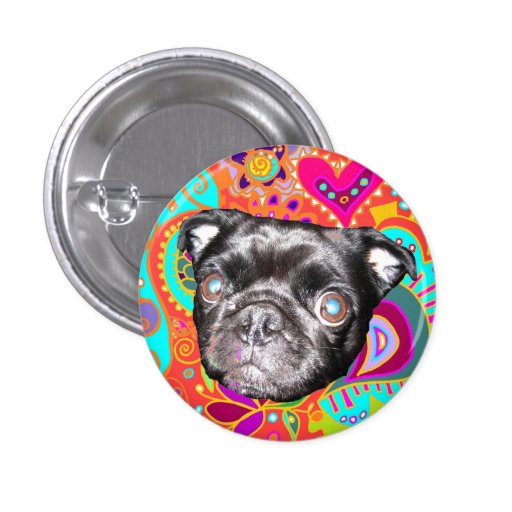 PUG Button  "Big Head Pug" Orange/Aqua CraziPasley