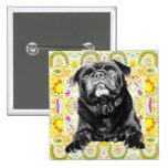 PUG Button   Black Pug/Yellow Kaleidoscope Pattern