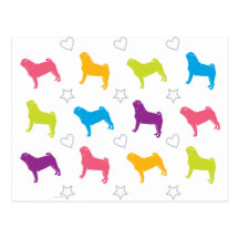 Pug Colours Hearts and Stars! Post Cards