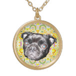 PUG Necklace  Yellow and green doodle pattern