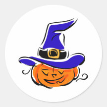 Pumpkin in witches hat round stickers